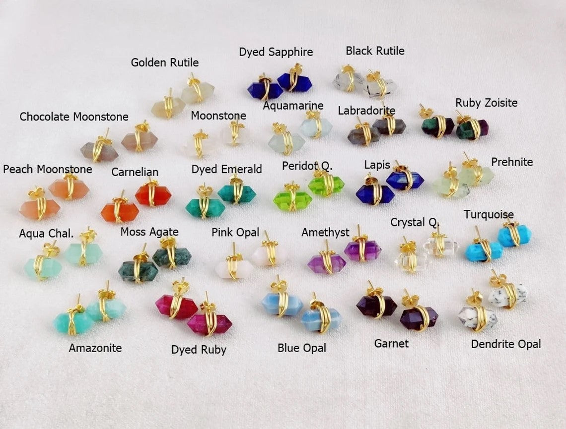 Handmade 12x5mm Gemstone Double Point Stud Earrings Gold Vermeil Wire Wrapped Unique Gift Jewelry for Her- Selling Per Pair