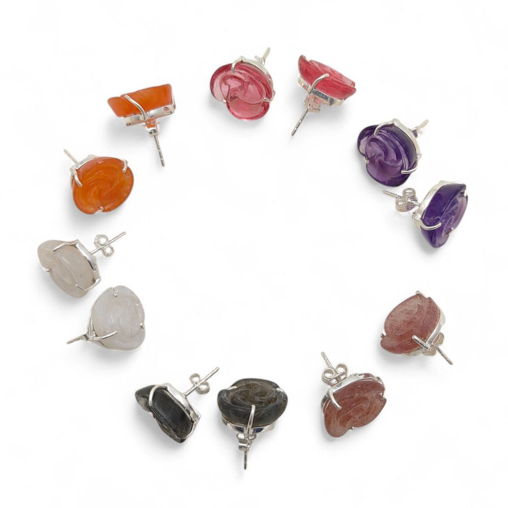 925 Silver Floral Stud Earring – Multi-Color Gemstone Rose Design | Handmade & Sold Individually