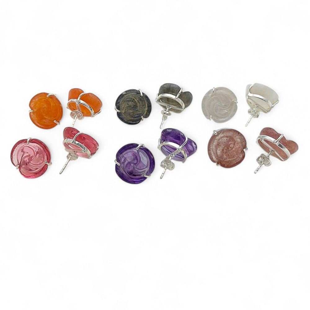 Single Gemstone Rose Stud in 925 Silver – Handmade Floral Earring with Multi-Colored Stones