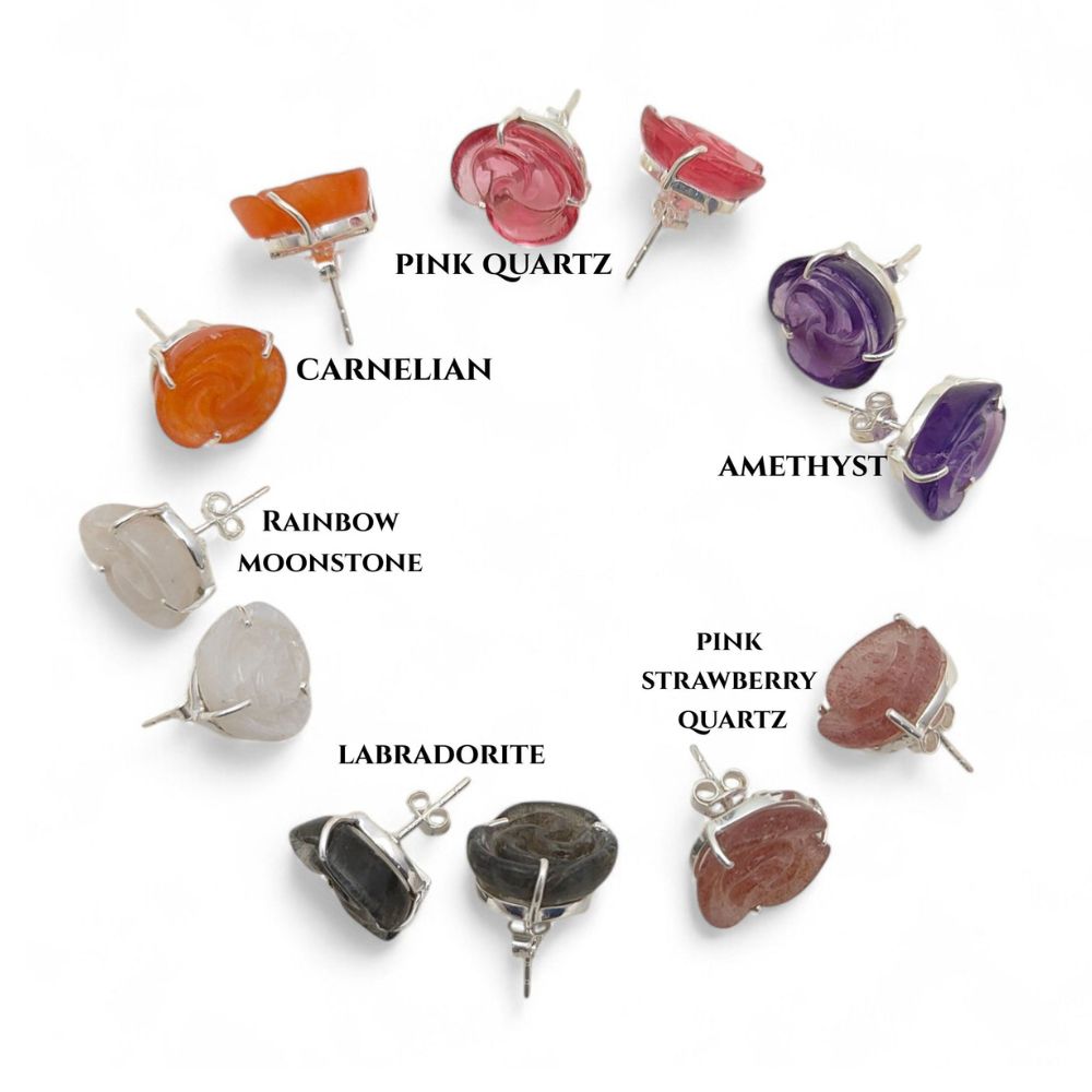 Artisan Multi-Gemstone Floral Stud Earring – Handmade Rose Design in Sterling Silver (Per Piece)