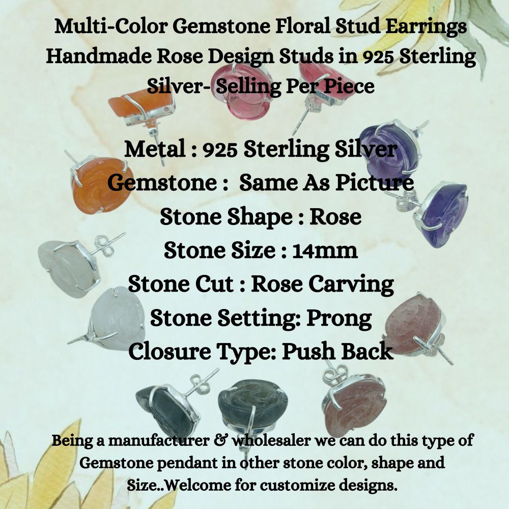 Multi-Color Gemstone Flower Stud Earring – Handmade Rose in Sterling Silver (Single Piece)