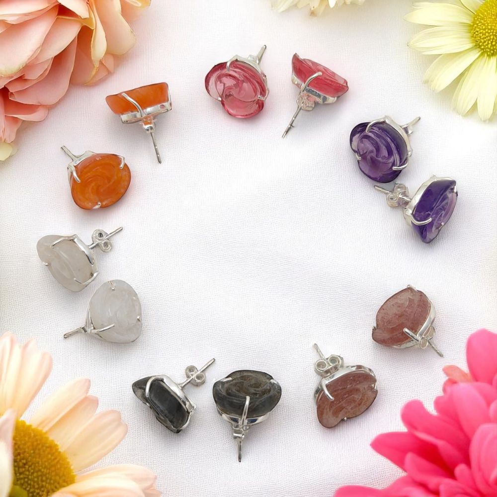 Colorful Gemstone Rose Stud Earring in 925 Sterling Silver – Handcrafted Floral Design