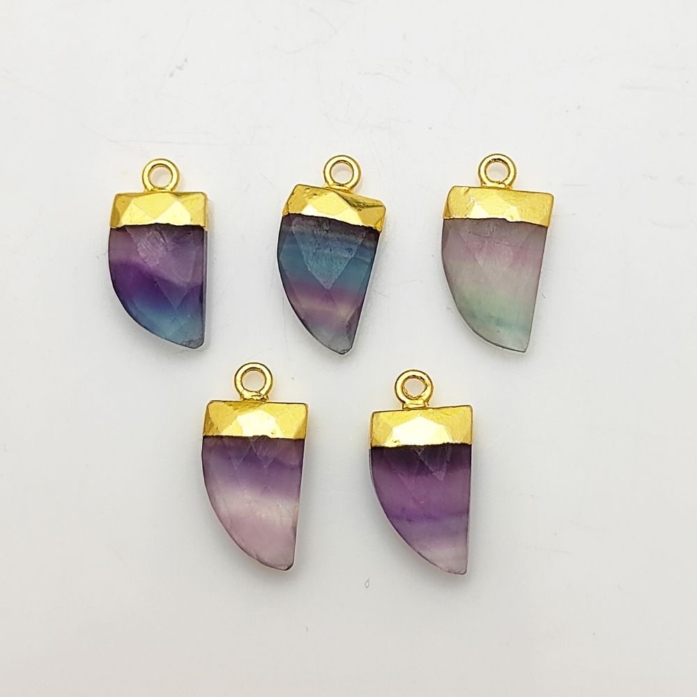 Handmade Fluorite Horn Pendant – Gold Electroplated Natural Gemstone Charm for Necklace