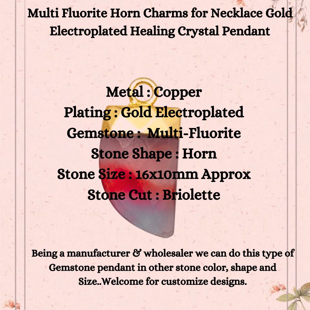 Gold Electroplated Fluorite Horn Charm – Natural Multi Fluorite Crystal for Necklace
