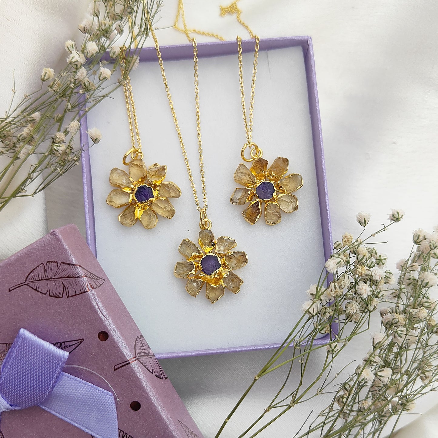 Raw Citrine & Amethyst Necklace Handmade November Birthstone Boho Jewelry for Women