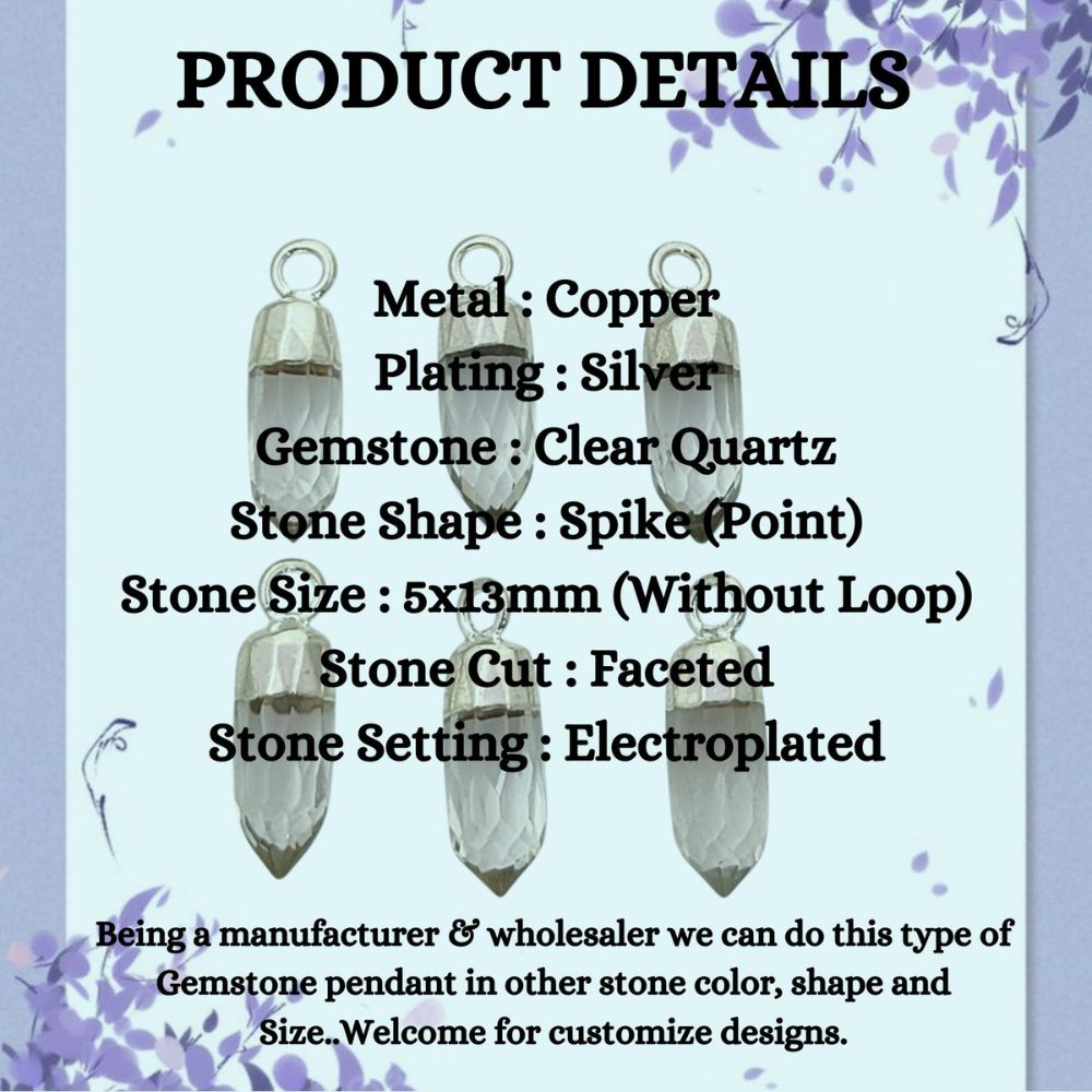Elegant Clear Quartz Spike Point Pendant with Silver Plating Natural Birthstone Charm for Handmade Jewelry Makers – Selling Per Piece