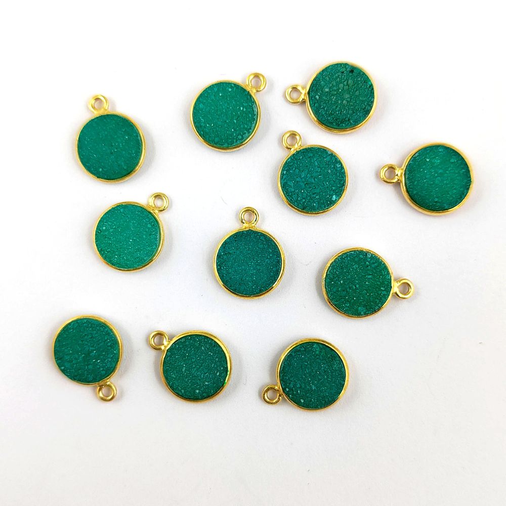 Natural Green Druzy Gemstone Pendant Gold Plated Round Charm for Custom Jewelry Creations- Selling Per Piece