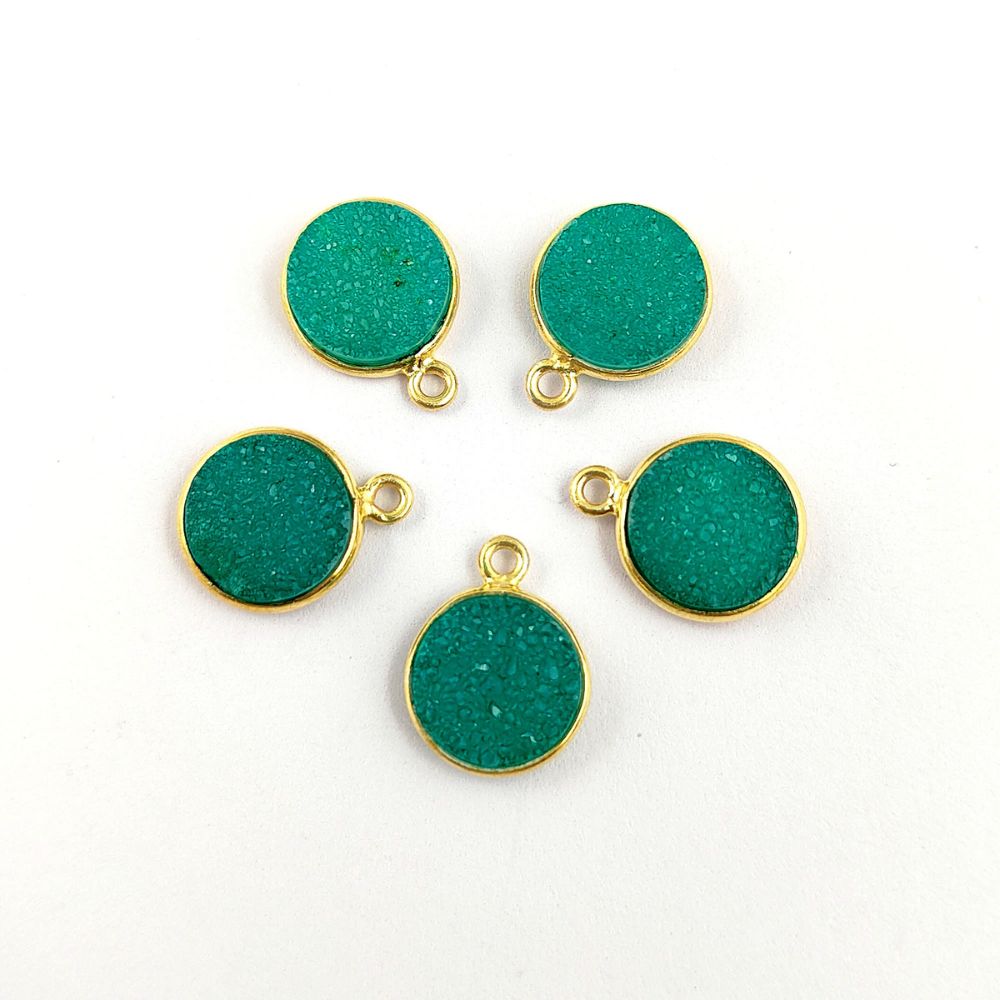 Natural Green Druzy Gemstone Pendant Gold Plated Round Charm for Custom Jewelry Creations- Selling Per Piece