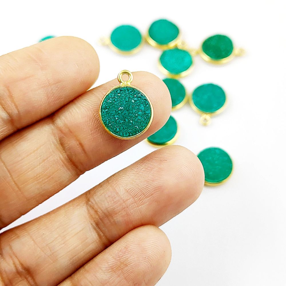 Green & Blue Druzy Round Gemstone Pendant Handcrafted Gold Plated Charm for DIY Jewelry- Selling Per Piece