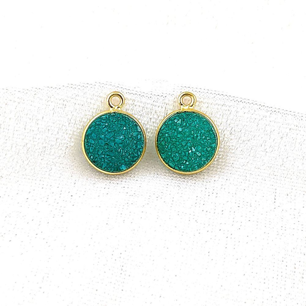 Natural Green Druzy Gemstone Pendant Gold Plated Round Charm for Custom Jewelry Creations- Selling Per Piece