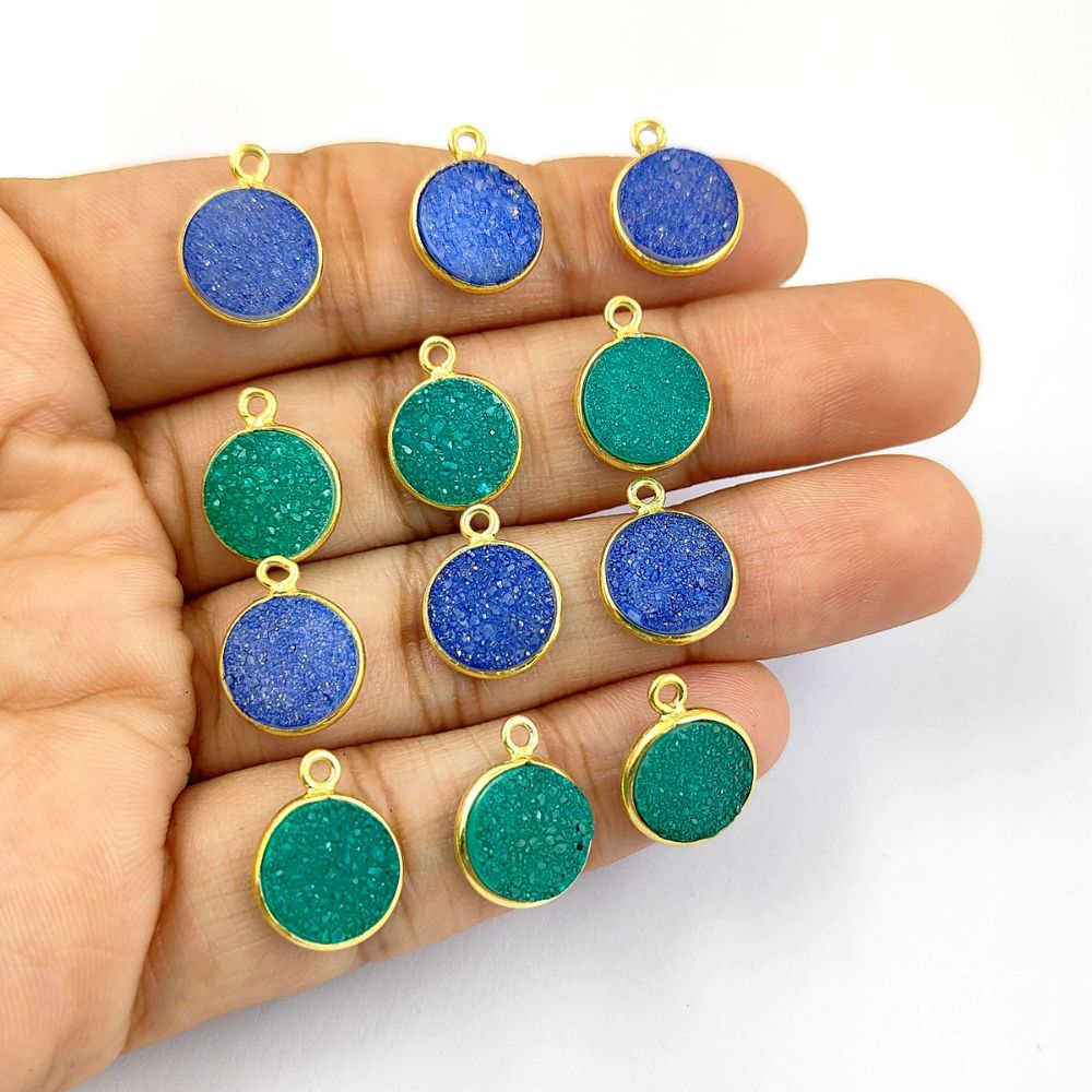 Natural Green Druzy Gemstone Pendant Gold Plated Round Charm for Custom Jewelry Creations- Selling Per Piece