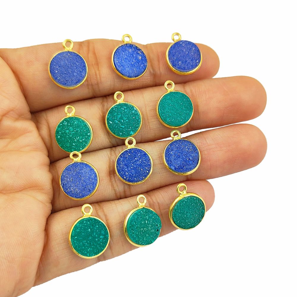 Natural Green Druzy Gemstone Pendant Gold Plated Round Charm for Custom Jewelry Creations- Selling Per Piece