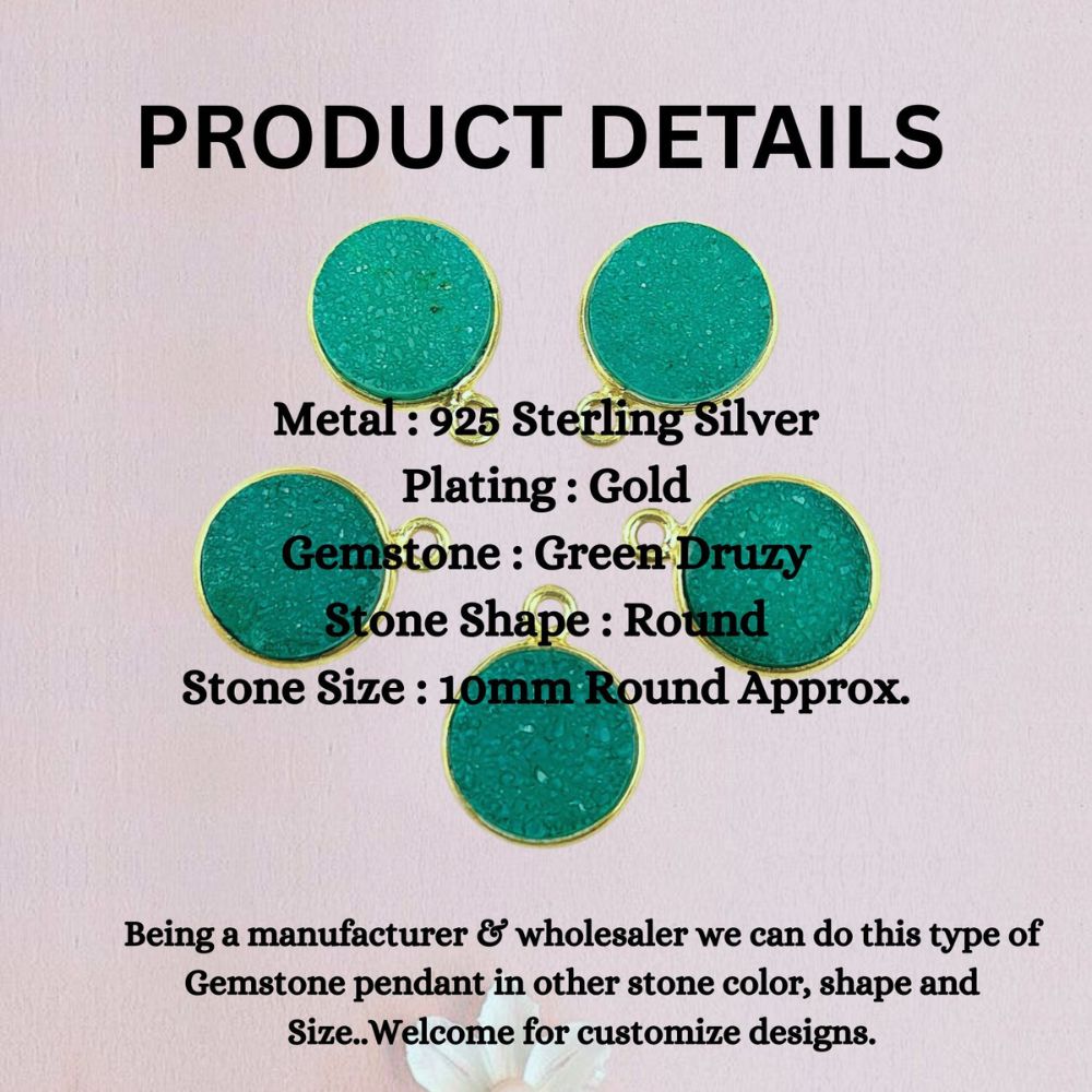 Natural Green Druzy Gemstone Pendant Gold Plated Round Charm for Custom Jewelry Creations- Selling Per Piece