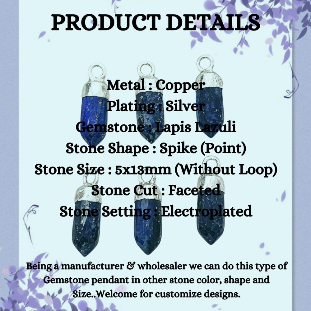 Lapis Lazuli Spike Pendant with Silver Electroplated Cap Spiritual Healing Stone Charm for Handmade Jewelry Creations – Selling Per Piece