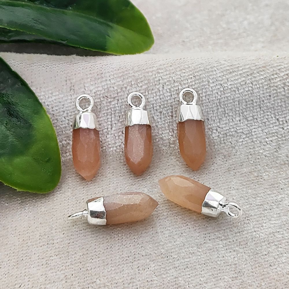 Natural Peach Moonstone Spike Pendant with Silver Electroplated Cap Handmade Healing Gemstone Charm for DIY Boho Jewelry – Selling Per Piece