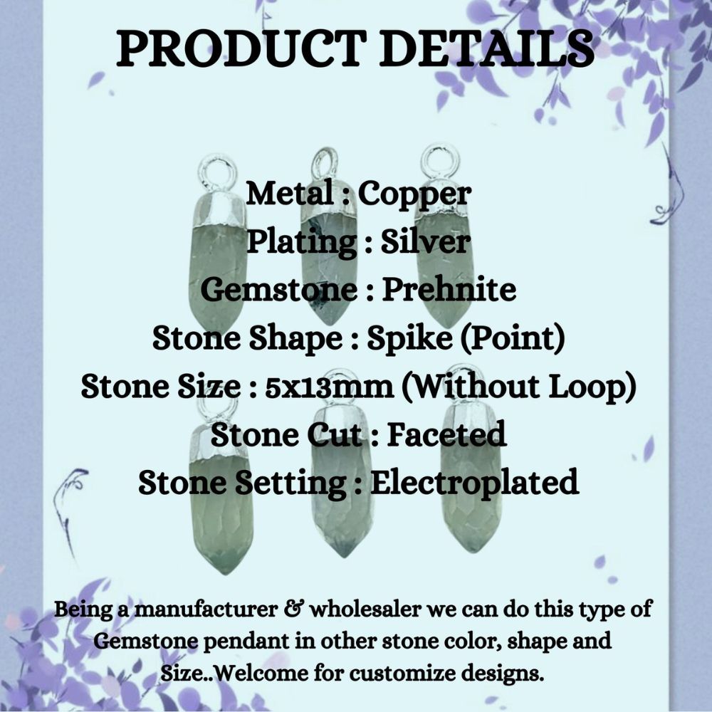 Prehnite Spike Pendant with Silver Finish Unique Spiritual Healing Stone Charm for Handmade Jewelry Creations – Selling Per Piece