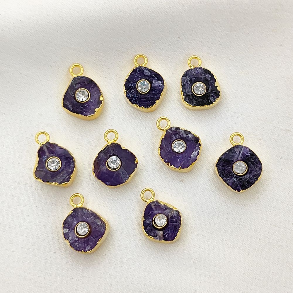 Natural Raw Amethyst Birthstone Jewelry | 18k Gold Electroplated Handmade Pendant with Sparkling CZ Stone- Selling Per Piece