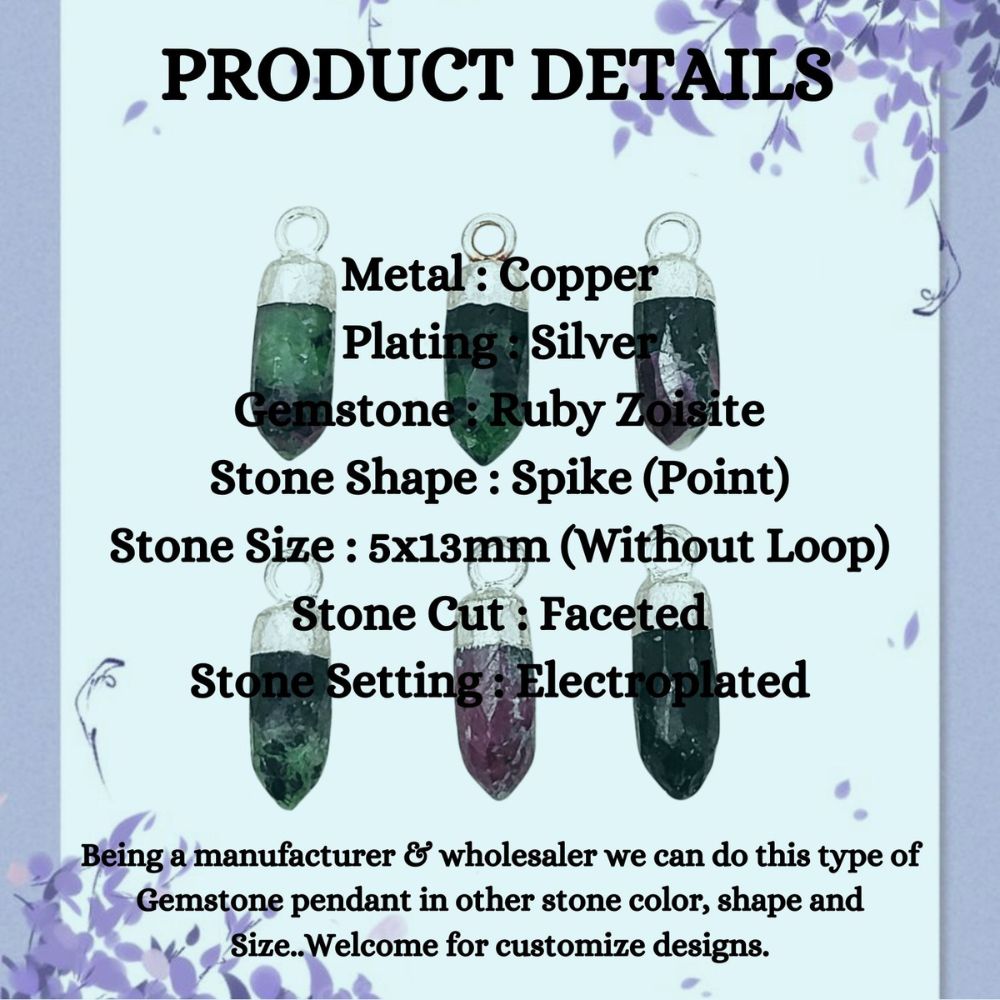 Elegant Ruby Zoisite Spike Point Pendant with Silver Plating Natural Birthstone Charm for Handmade Jewelry Makers – Selling Per Piece