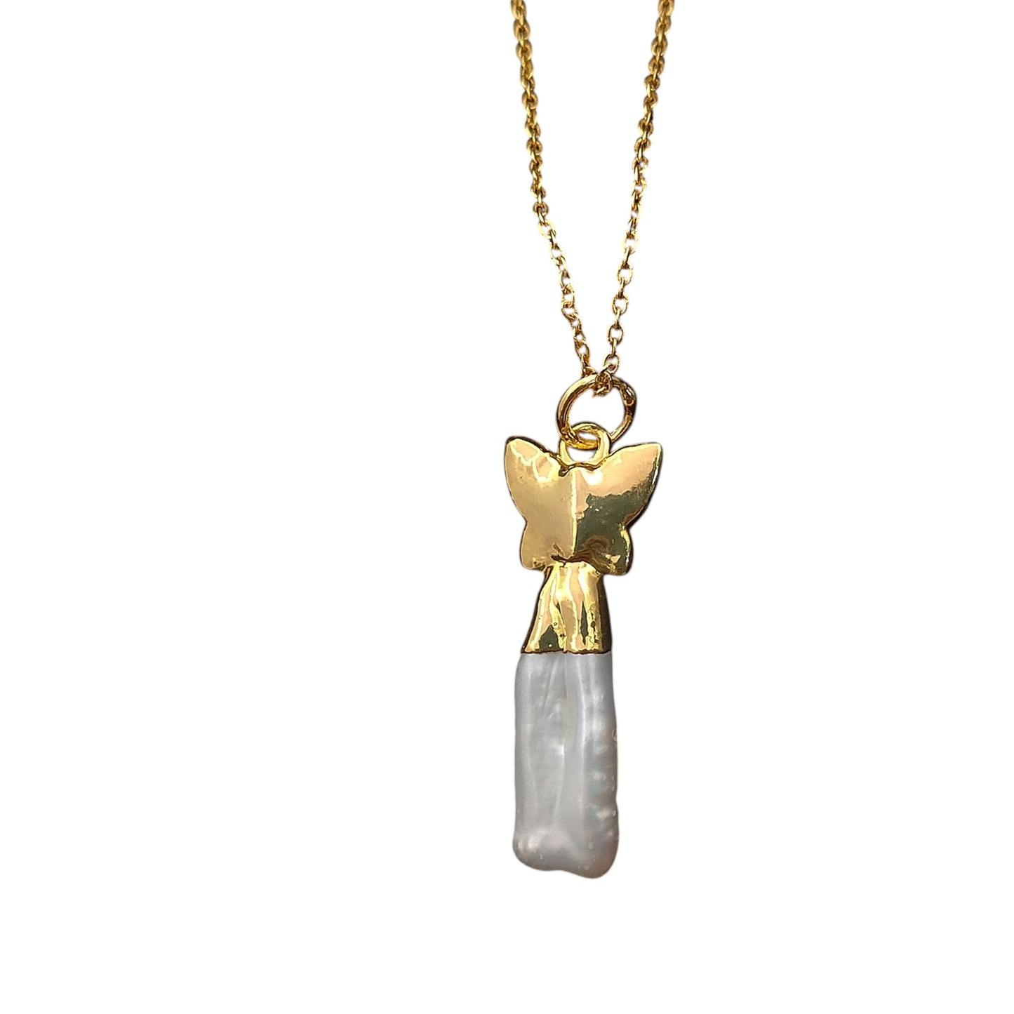 Elegant Handmade White Biwa Pearl Necklace with Gold Butterfly Pendant Freshwater Stick Pearl Jewelry