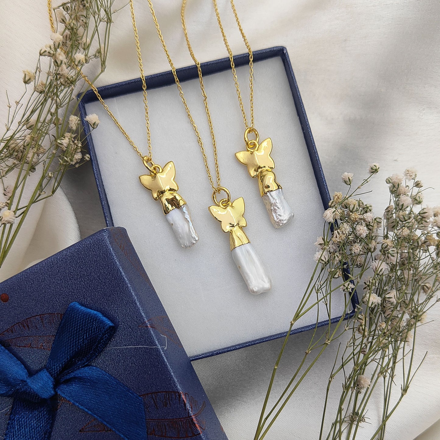 Elegant Handmade White Biwa Pearl Necklace with Gold Butterfly Pendant Freshwater Stick Pearl Jewelry