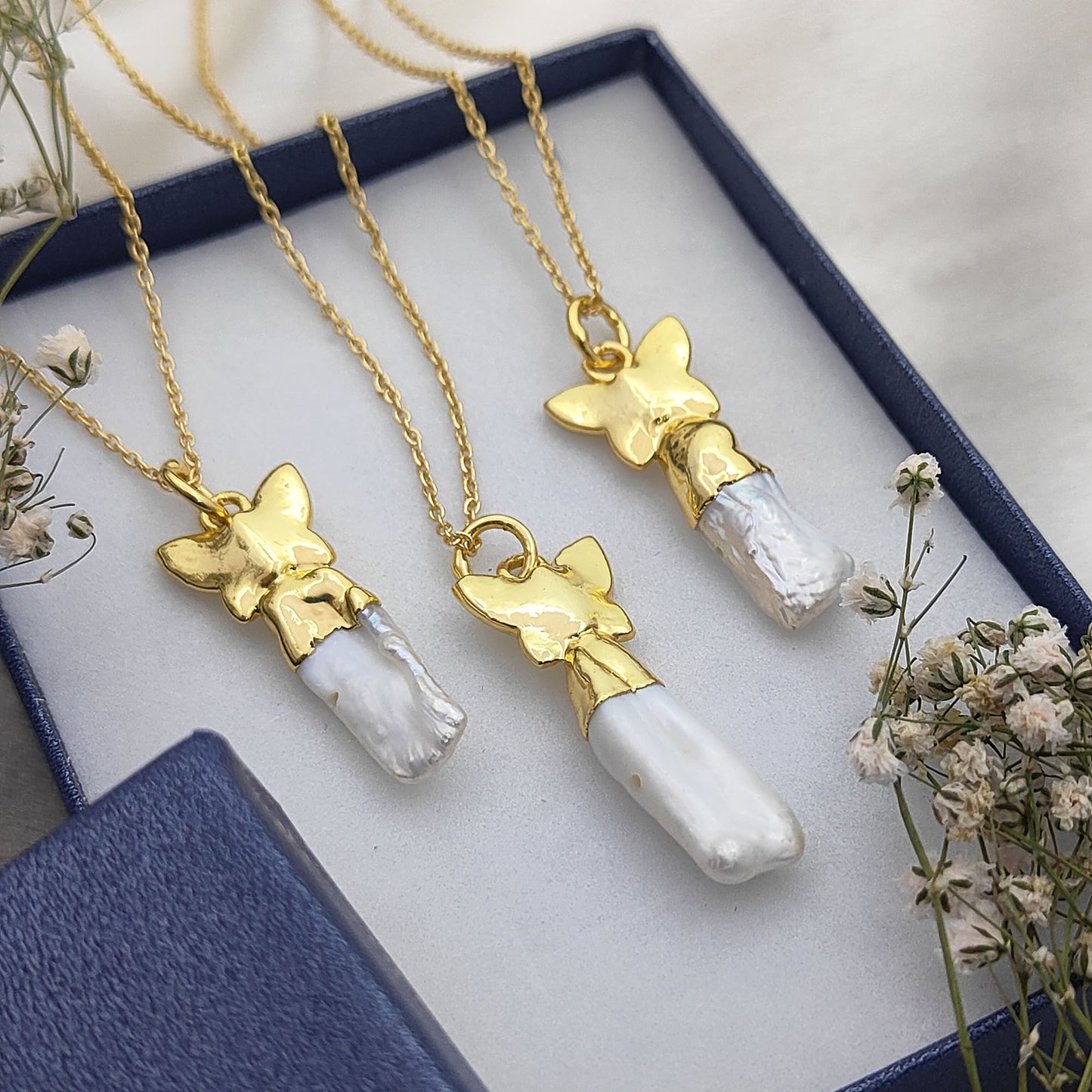 Elegant Handmade White Biwa Pearl Necklace with Gold Butterfly Pendant Freshwater Stick Pearl Jewelry