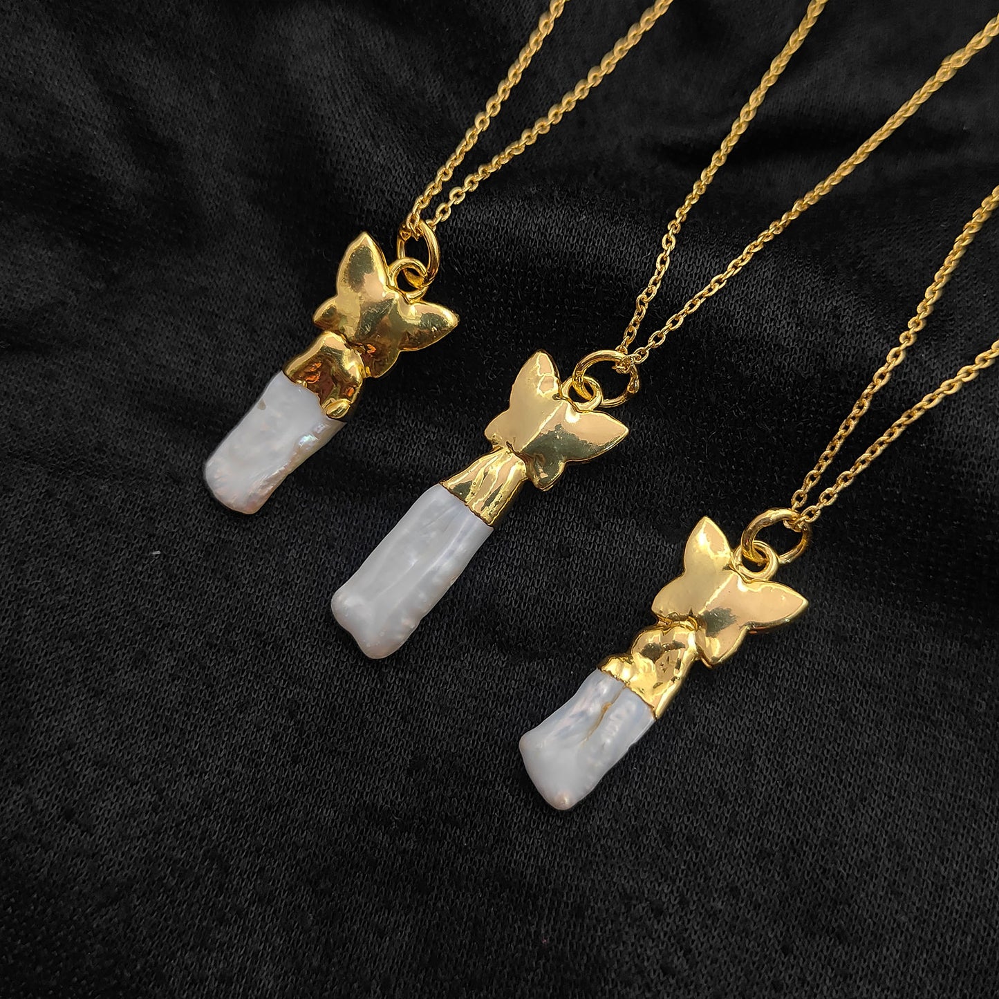 Elegant Handmade White Biwa Pearl Necklace with Gold Butterfly Pendant Freshwater Stick Pearl Jewelry