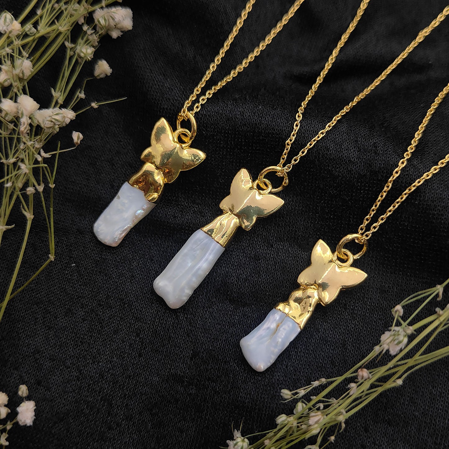 Elegant Handmade White Biwa Pearl Necklace with Gold Butterfly Pendant Freshwater Stick Pearl Jewelry