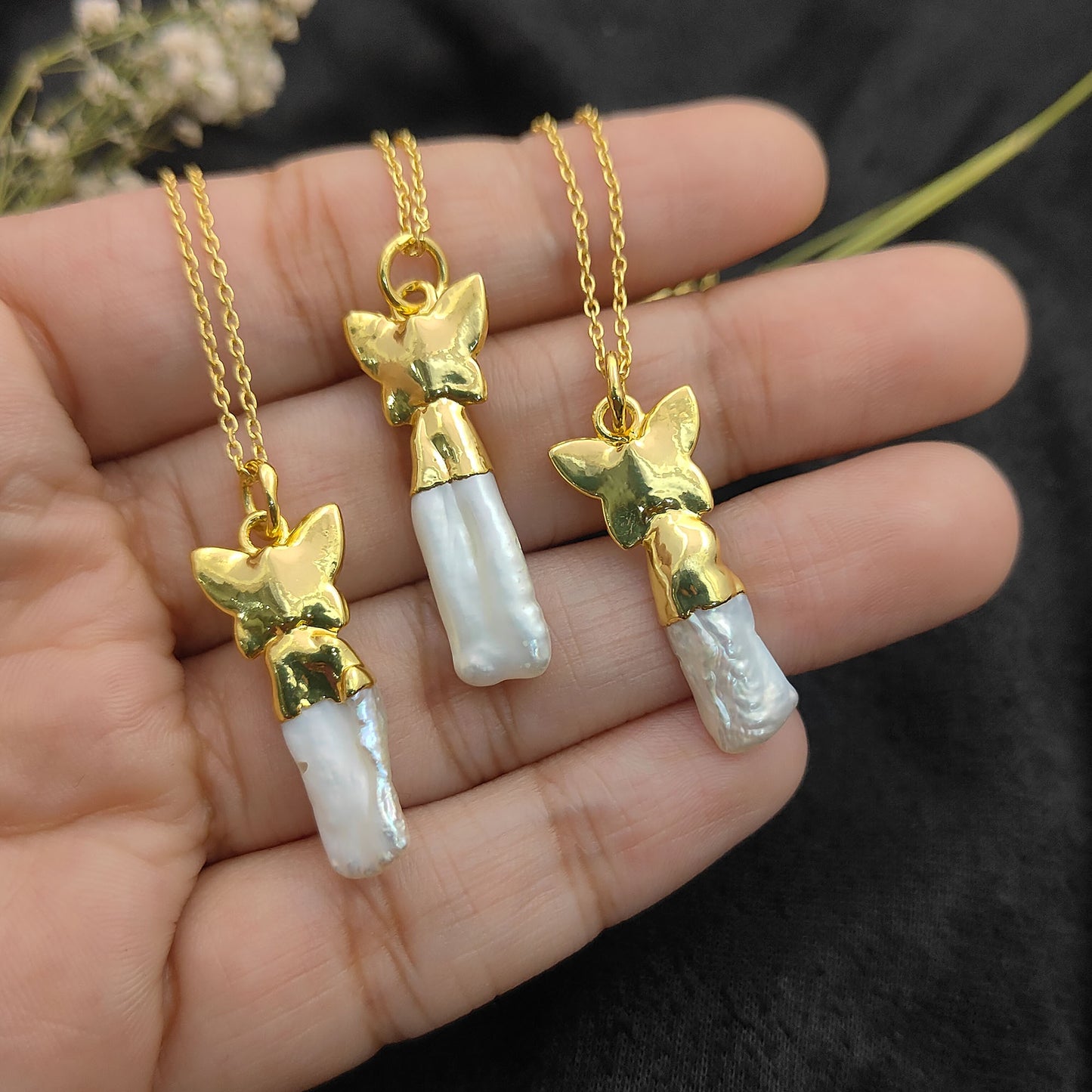 Elegant Handmade White Biwa Pearl Necklace with Gold Butterfly Pendant Freshwater Stick Pearl Jewelry