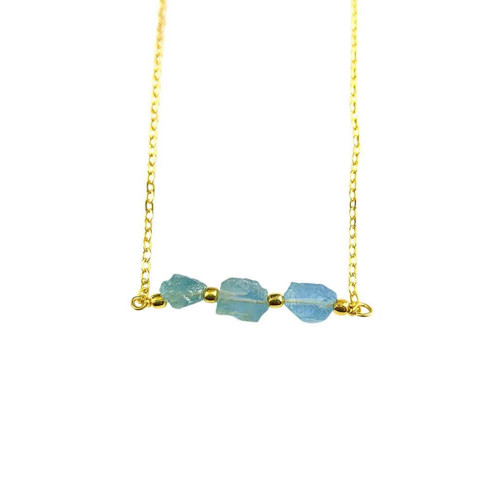 Handmade Raw Aquamarine Necklace – Triple Stone Gold Plated Jewelry