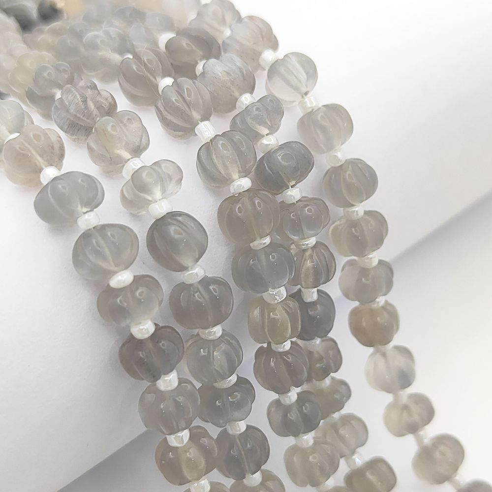 Natural Grey Moonstone Beads – Carved Pumpkin Gemstones for Soft, Refined Jewelry
