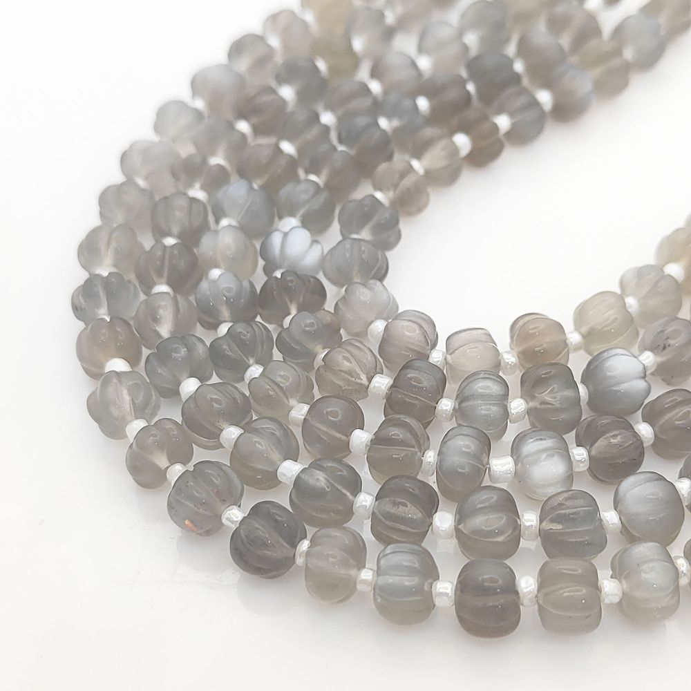 Grey Moonstone Carved Beads – Pumpkin Shape for Soft, Understated Jewelry Designs