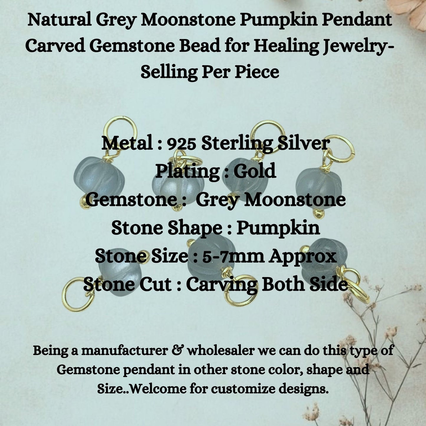 Natural Grey Moonstone Pumpkin Pendant Carved Gemstone Bead for Healing Jewelry- Selling Per Piece