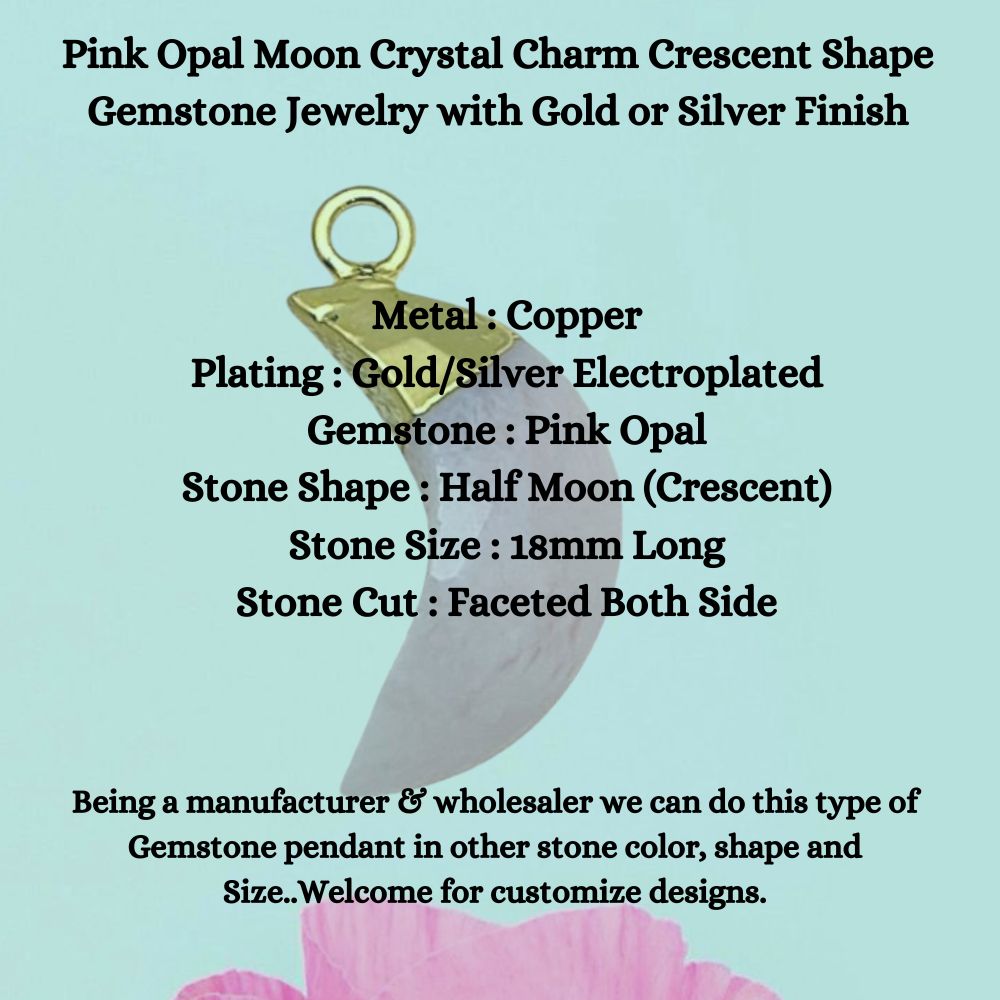 Pink Opal Crystal Moon Pendant – Crescent Gemstone with Gold/Silver Finish