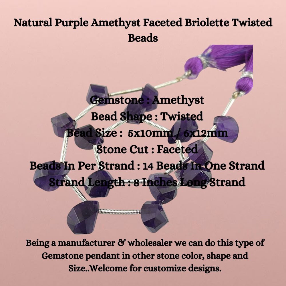 Natural Purple Amethyst Faceted Briolette Twisted Beads