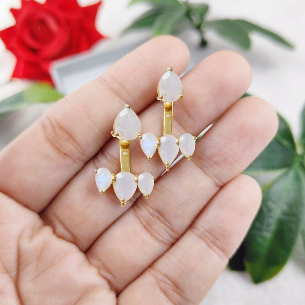 Handmade Rainbow Moonstone Ear Jacket – Elegant Gemstone Jewelry