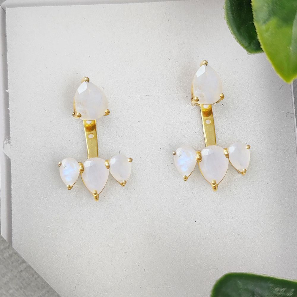 Natural Rainbow Moonstone Ear Jacket – Gold Plated Sterling Silver Earrings