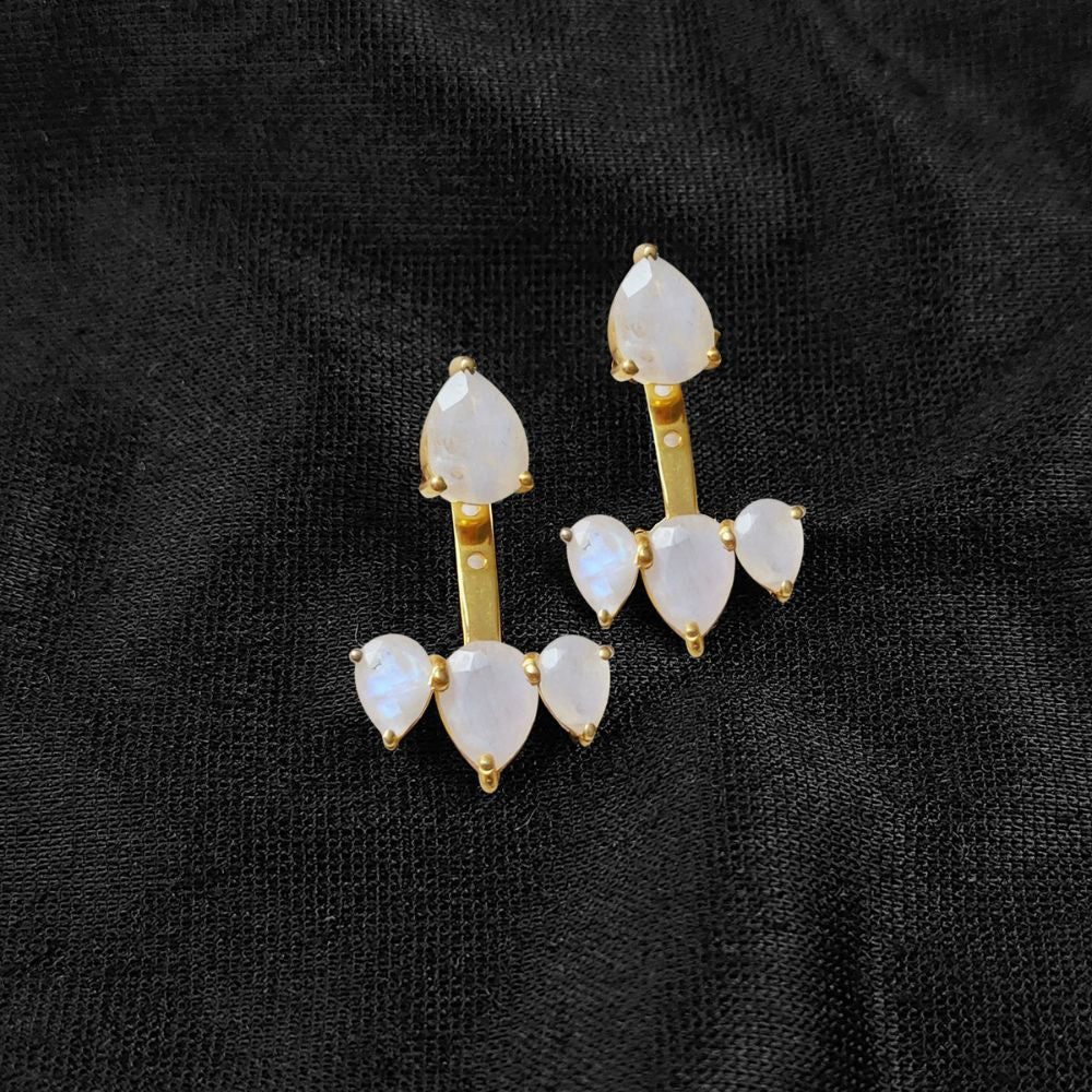 Natural Rainbow Moonstone Ear Jacket Earrings June Birthstone Gold Plated Sterling Silver Jewelry for Women- Selling Per Piece