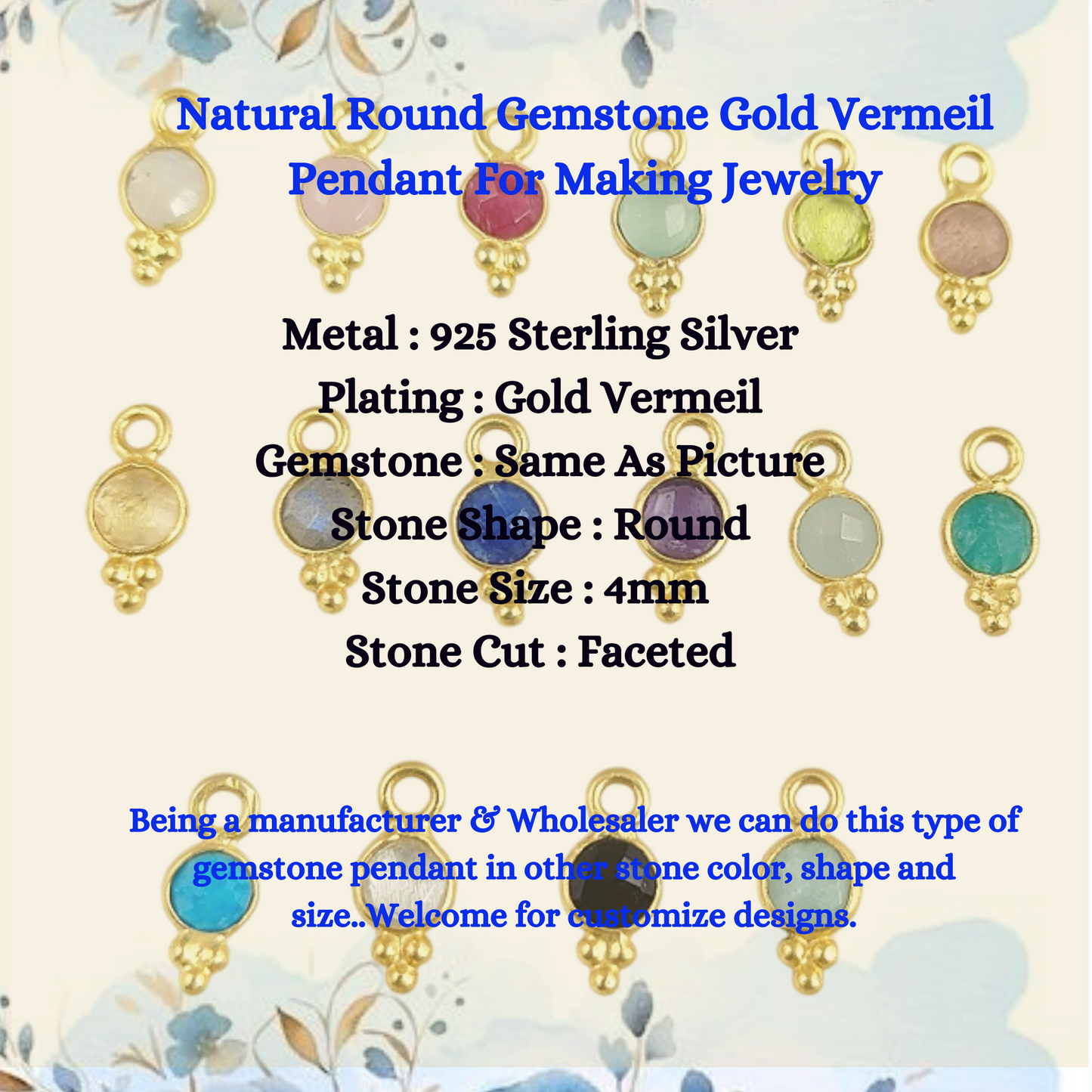 4mm Round Gemstone Pendant Birthstone Pendant Necklace Gold Vermeil Handcrafted Jewelry- Selling Per Piece