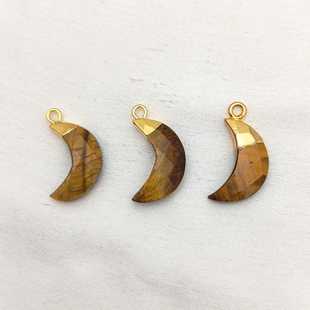 Tiger’s Eye Crescent Moon Charm – Electroplated Gold or Silver Top for Jewelry Makers