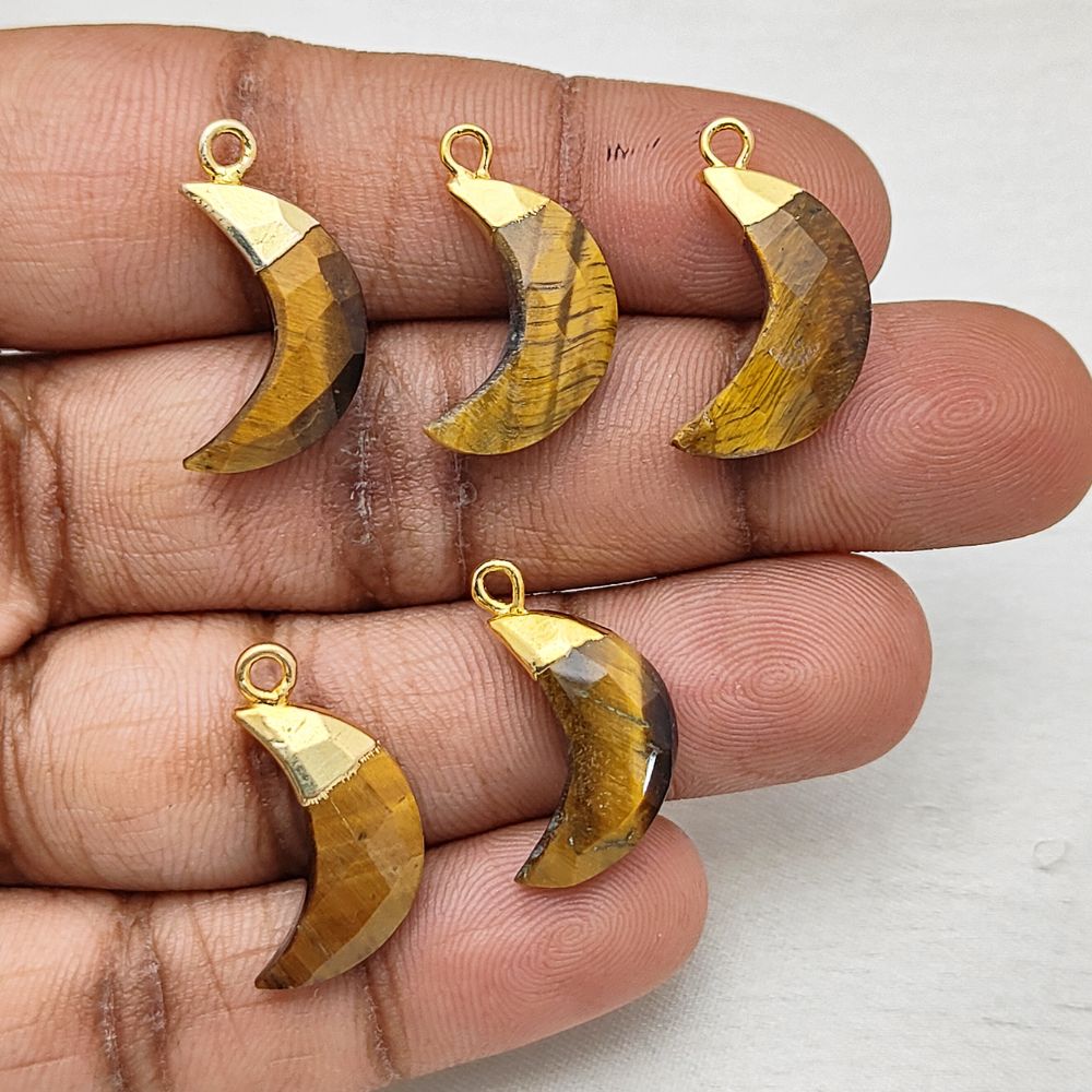 Tiger’s Eye Moon Pendant – Crescent Crystal with Gold or Silver Cap for Jewelry Designers
