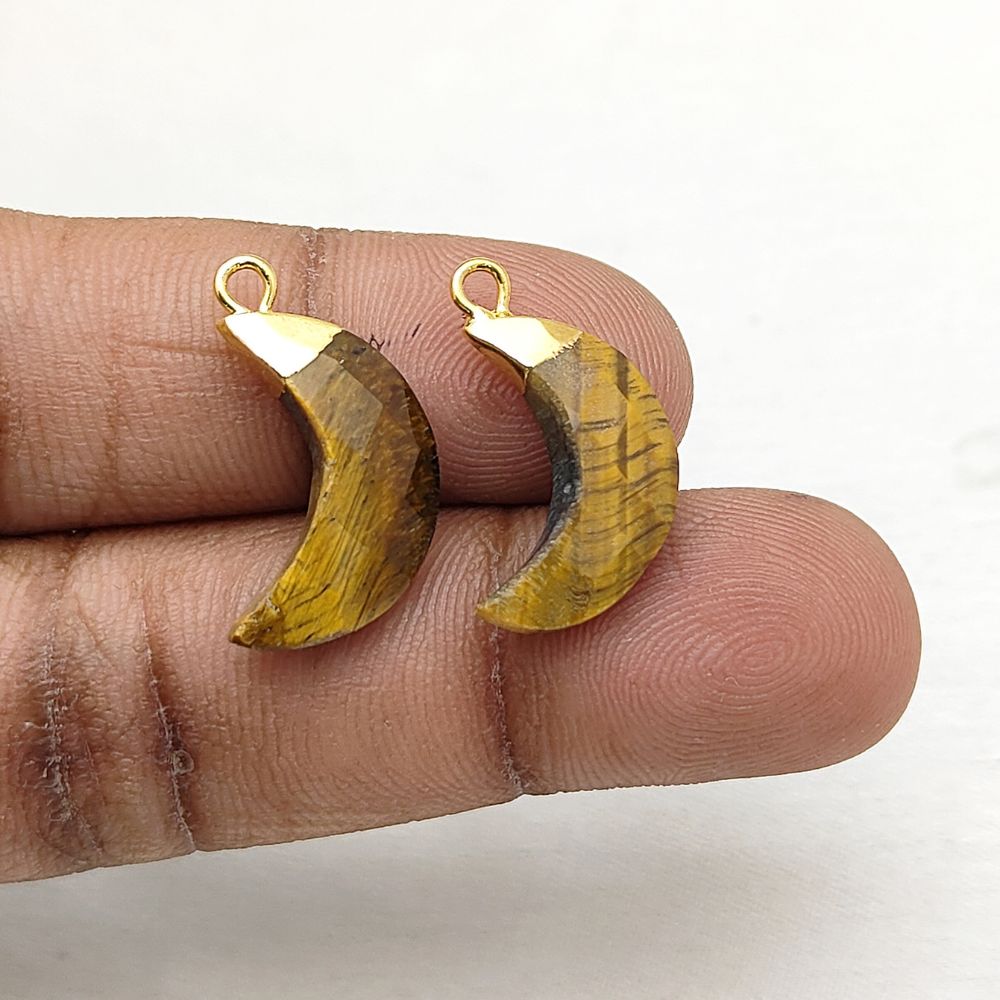 Crescent Tiger’s Eye Pendant – Crystal Charm with Gold or Silver Cap for Jewelry Design