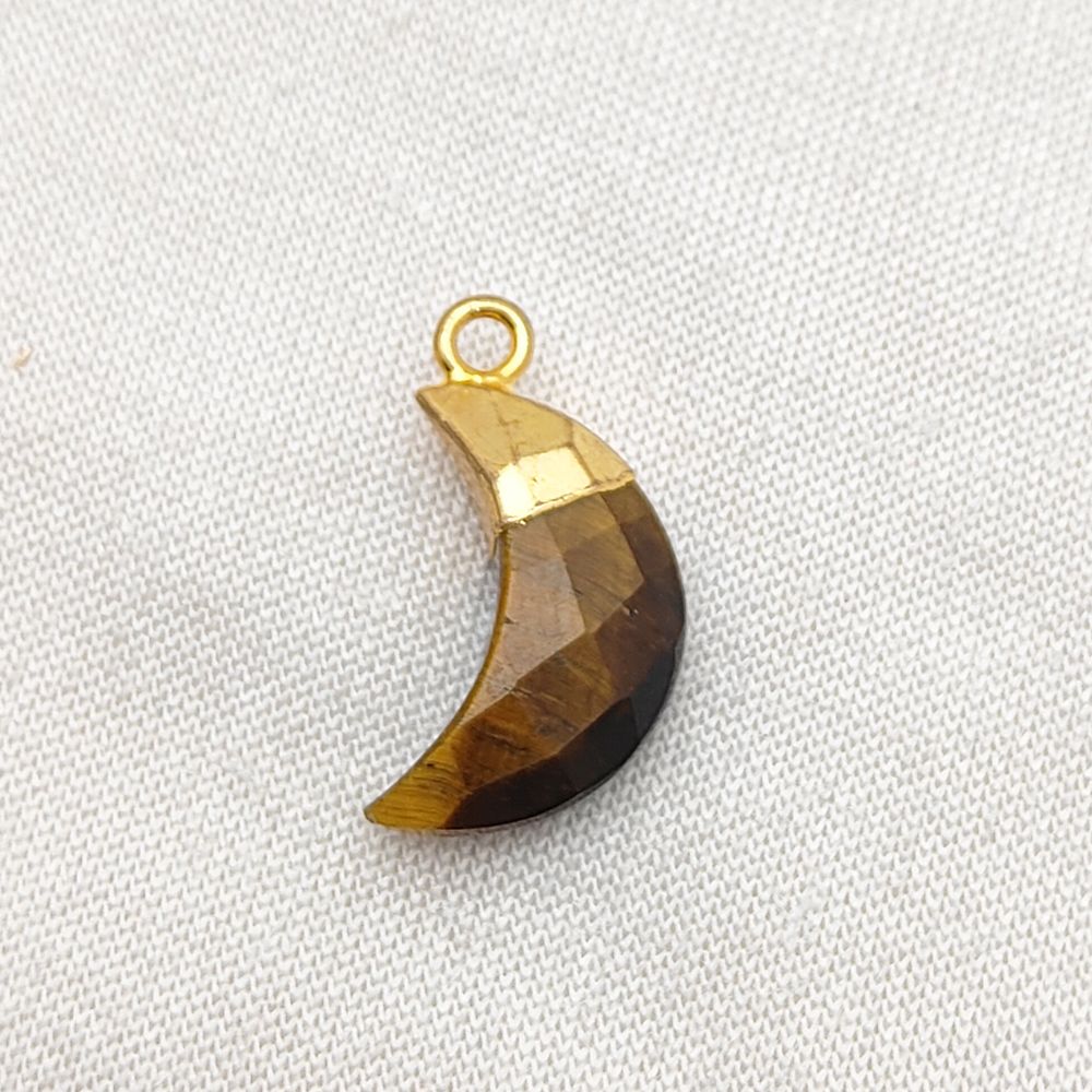 Natural Tiger’s Eye Crescent Pendant – Gold/Silver Cap Crystal for Jewelry Projects
