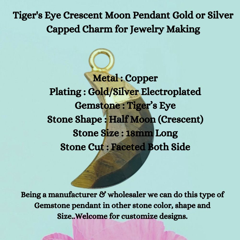 Tiger’s Eye Crescent Pendant – Gold/Silver Topped Gemstone Charm for Handmade Jewelry