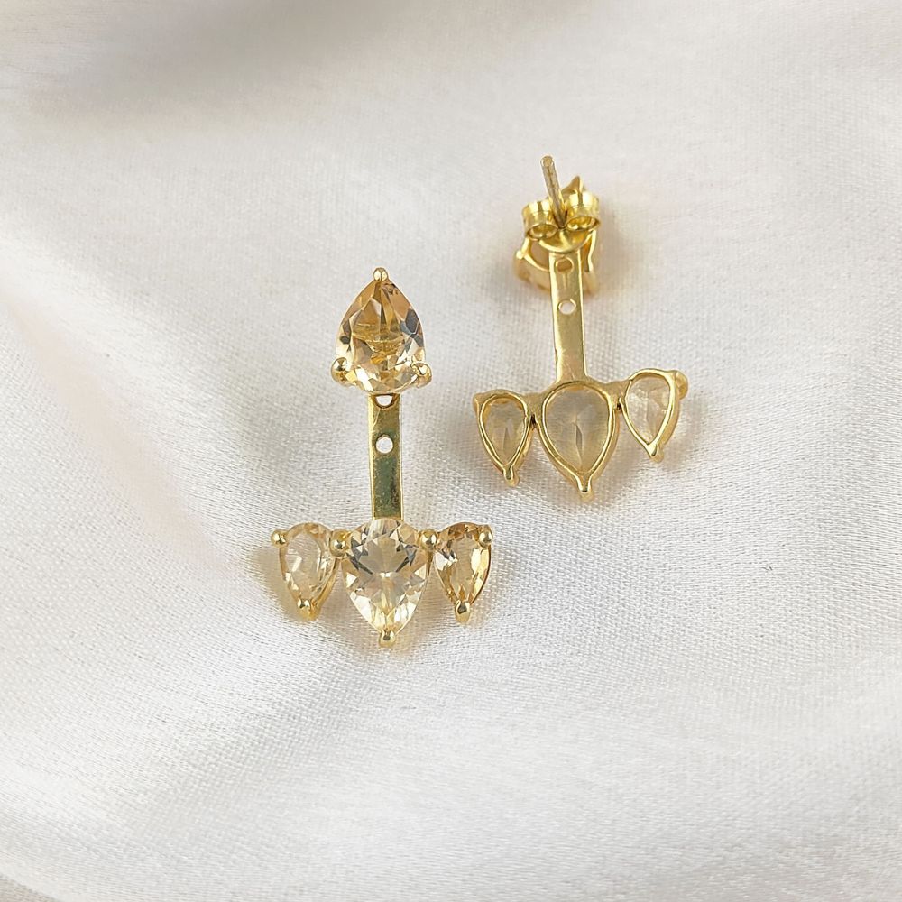Natural Yellow Citrine Gemstone Ear Jacket Earrings November Birthstone Gold Plated Sterling Silver Jewelry- Selling Per Pair
