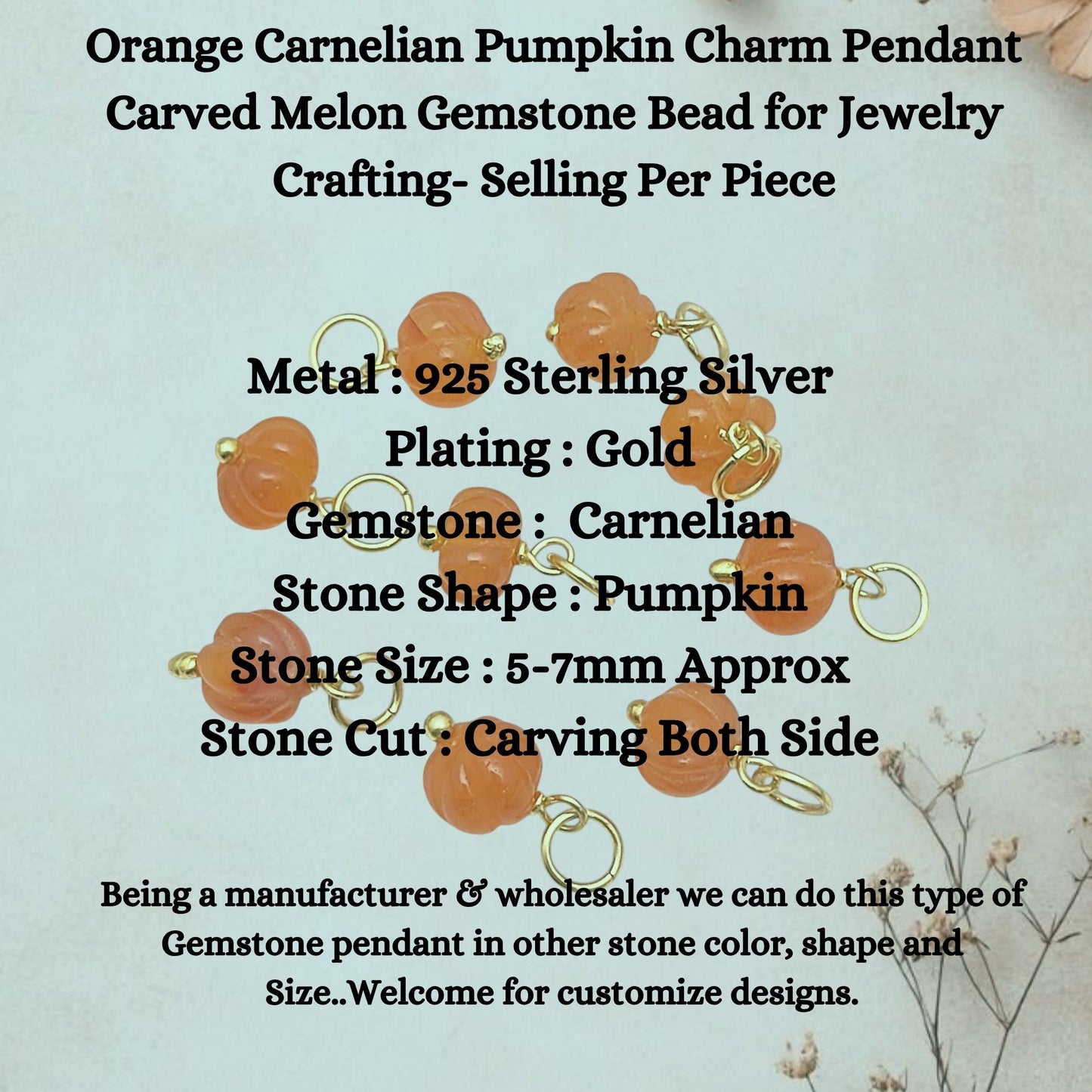 Orange Carnelian Pumpkin Charm Pendant Carved Melon Gemstone Bead for Jewelry Crafting- Selling Per Piece