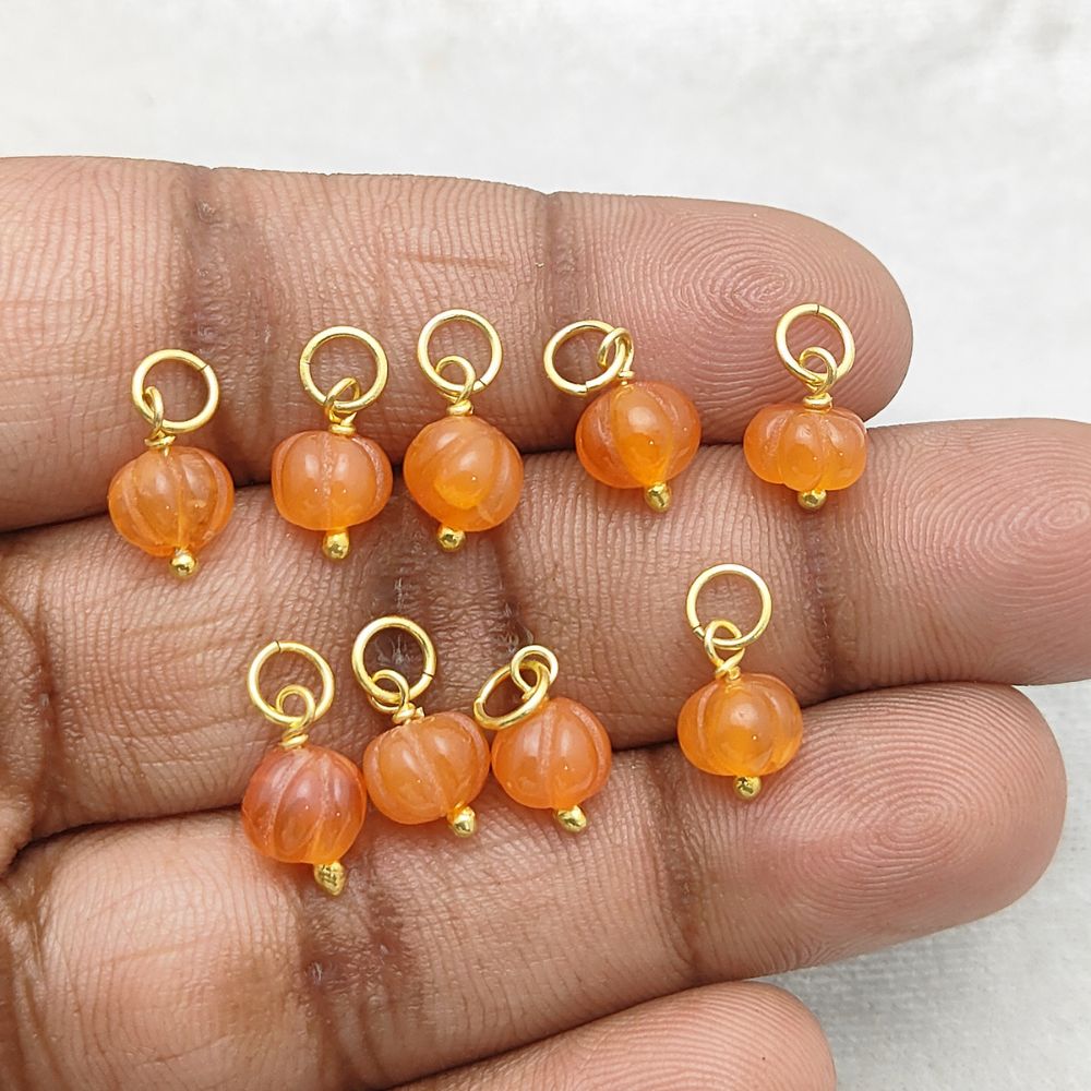 Orange Carnelian Pumpkin Charm Pendant Carved Melon Gemstone Bead for Jewelry Crafting- Selling Per Piece