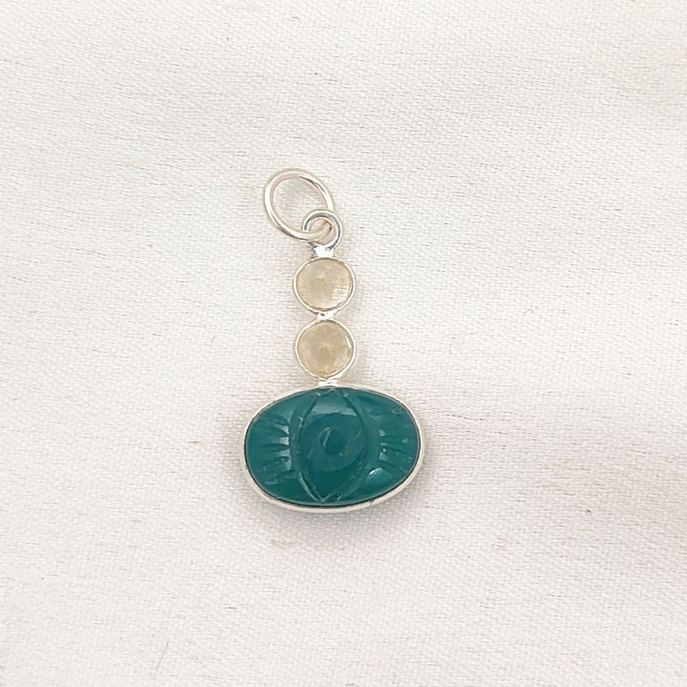 Oval Green Onyx Carved Pendant with Natural Citrine Stones 925 Sterling Silver DIY Jewelry Connector- Selling Per Piece