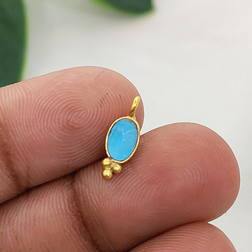 Oval Shape Turquoise Gemstone Pendant Gold Plated Tiny Boho Dangle Charm for DIY Jewellery Making Craft & Design Supplies