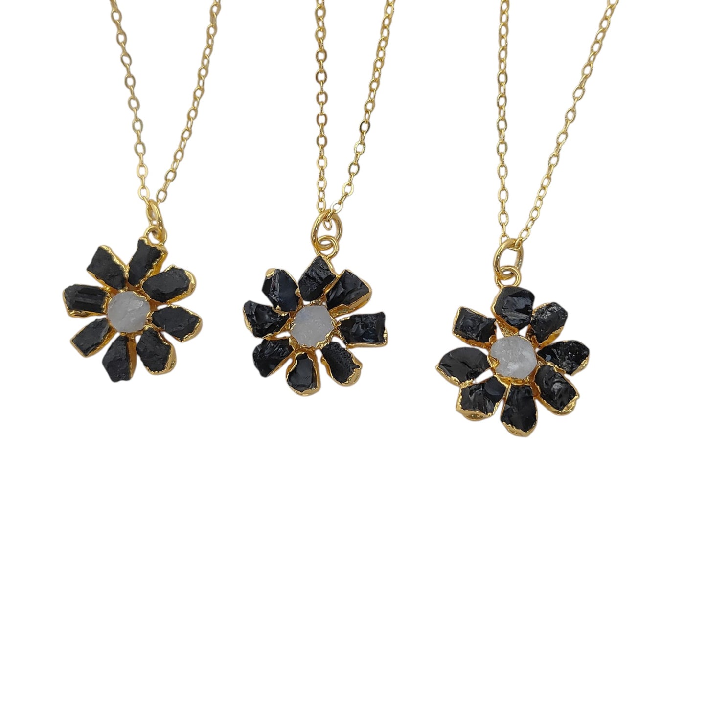Natural Black Tourmaline Gemstone Necklace Flower Pendant with Rainbow Flash Handmade Jewelry- Selling Per Piece
