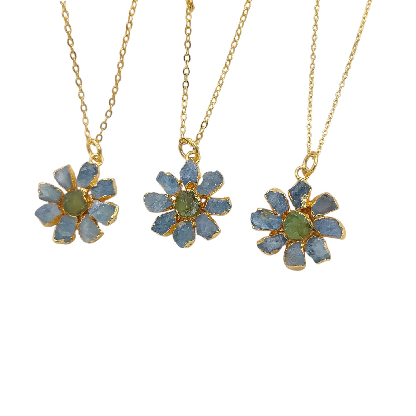 Natural Aquamarine and Peridot Crystal Necklace Raw Gemstone Flower Pendant Unique Gift Jewelry- Selling Per Piece
